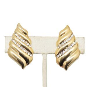 Vintage Signed Bijoux Cascio Italy Goldtone & Clear Rhinestone Clip Earrings